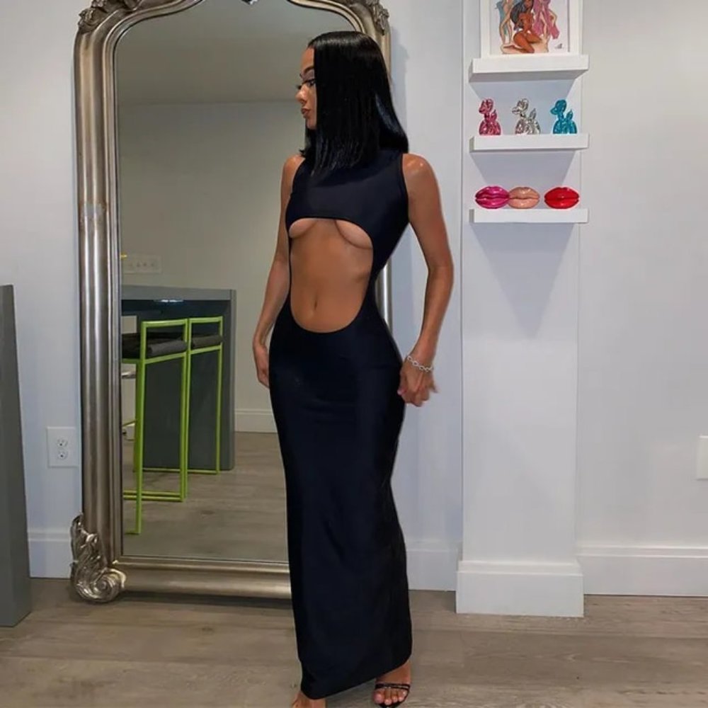 black stomach hole dress